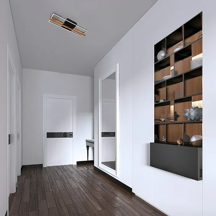 Brilo LED-Deckenleuchte Nested - 21 W, L x B x H: 74 x 21 x 11 cm, Schwarz, Warmweiß - Die elegante Deckenleuchte in einem stilvollen Flur sorgt für eine angenehme Beleuchtung. Die dunklen Holzböden ergänzen das moderne Interieur perfekt.