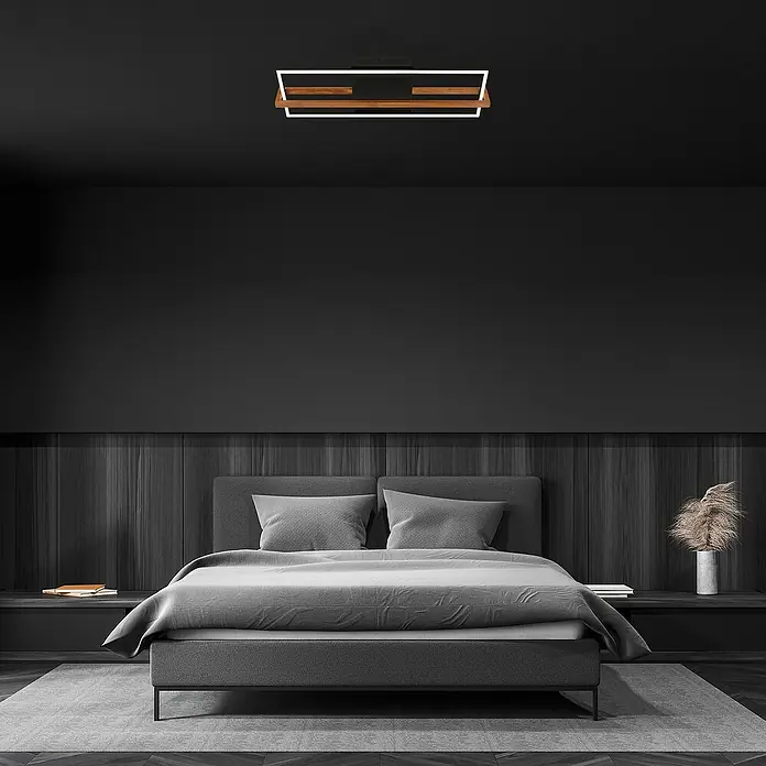 Brilo LED-Deckenleuchte Nested - 21 W, L x B x H: 74 x 21 x 11 cm, Schwarz, Warmweiß - Schlafzimmer mit großem Bett und modernem Holz-Deckenleuchte. Die Lampe kombiniert Holz und weiße Elemente.