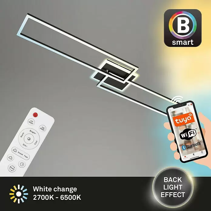 Brilo LED-Wand- & Deckenleuchte Frame S - 34 W, L x B x H: 110 x 24,8 x 7,8 cm, Schwarz, Warmweiß - Moderne geometrische LED-Deckenleuchte (schwarz, weißes Licht), 2700-6500K Farbtemperatur, Hintergrundbeleuchtung, per Fernbedienung oder Smart-App steuerbar.