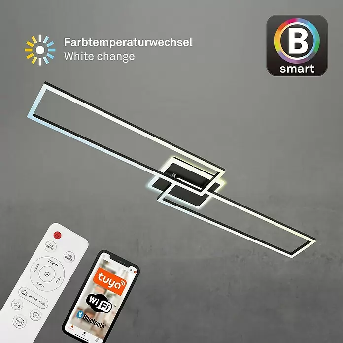 Brilo LED-Wand- & Deckenleuchte Frame S - 34 W, L x B x H: 110 x 24,8 x 7,8 cm, Schwarz, Warmweiß - Moderne schwarz-weiße LED-Deckenleuchte im geometrischen Design, mit Fernbedienung und Tuya App für Dimmung und Farbtemperaturwechsel.
