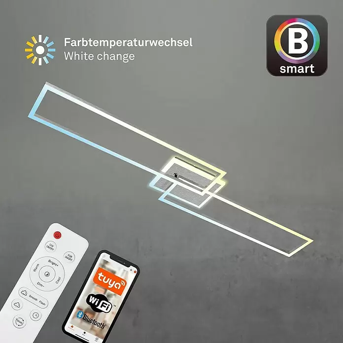 Brilo LED-Wand- & Deckenleuchte Frame S - 34 W, L x B x H: 110 x 24,8 x 7,8 cm, Aluminiumfarbig, Warmweiß - Smarte LED-Deckenleuchte im geometrischen Design mit Weißtemperaturwechsel, steuerbar per Fernbedienung und App.
