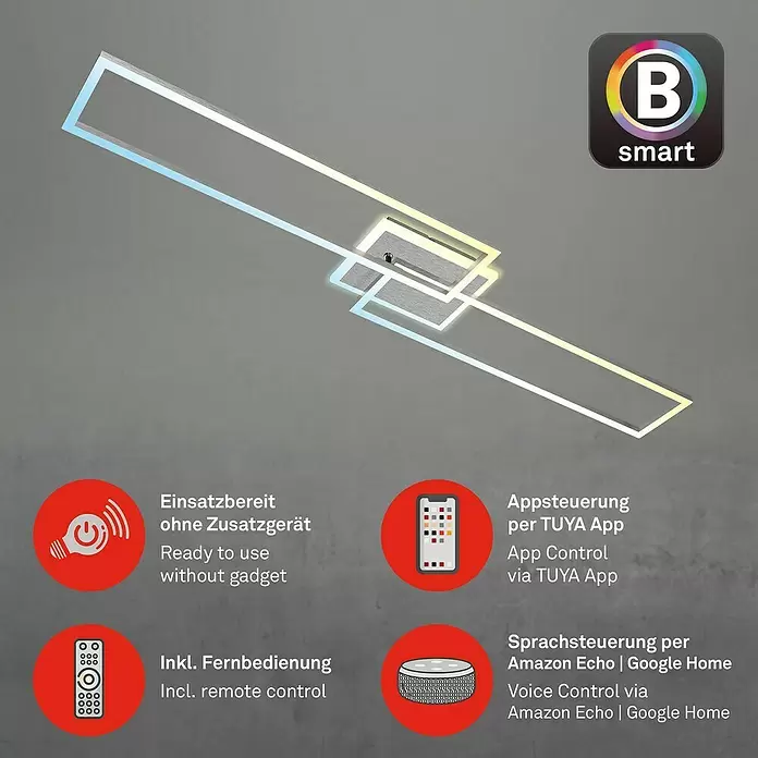 Brilo LED-Wand- & Deckenleuchte Frame S - 34 W, L x B x H: 110 x 24,8 x 7,8 cm, Aluminiumfarbig, Warmweiß - Moderne, rechteckige LED-Deckenleuchte mit sich kreuzenden Rahmen und Smart-Funktionen wie App- und Sprachsteuerung.