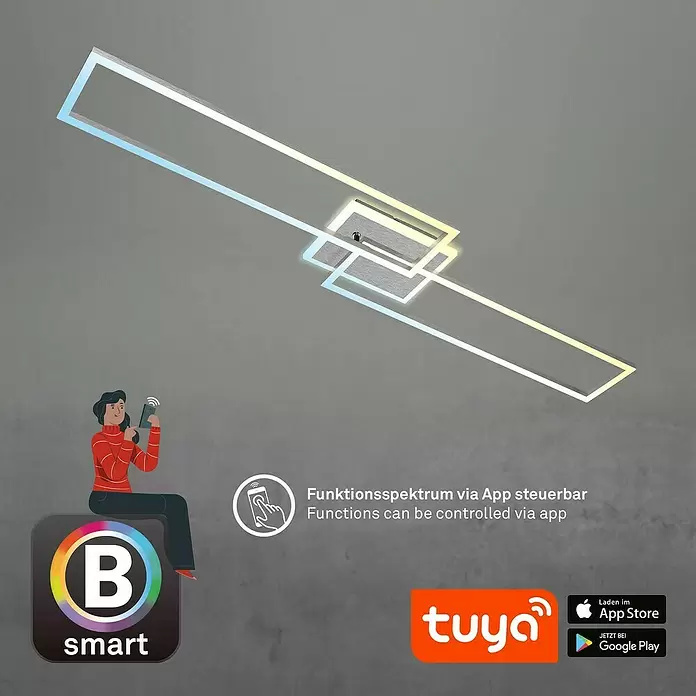 Brilo LED-Wand- & Deckenleuchte Frame S - 34 W, L x B x H: 110 x 24,8 x 7,8 cm, Aluminiumfarbig, Warmweiß - Smarte LED-Deckenleuchte mit geometrischem Design, Farbwechsel, App-steuerbar.