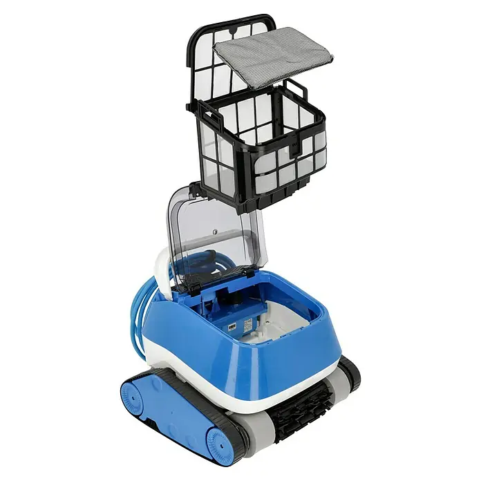 Malibu Poolroboter WB 5.0 - Akkubetrieben, Passend für: Pools bis 10 x 5 m, Filterleistung: 14 m³/h - Nahaufnahme eines Poolreinigungsroboters mit herausnehmbarem Filterkorb für einfache Reinigung.