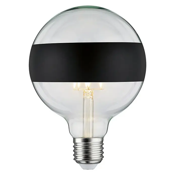 Paulmann LED-Lampe Vintage Globe-Form E27 - E27, Dimmbar, Warmweiß, 600 lm, 6,5 W, Schwarz, Klar - Nahaufnahme einer dekorativen LED-Lampe mit schwarzem Band, die warmes Licht ausstrahlt und eine stilvolle Atmosphäre erzeugt.
