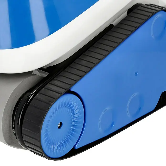 Malibu Poolroboter WB 5.0 - Akkubetrieben, Passend für: Pools bis 10 x 5 m, Filterleistung: 14 m³/h - Nahaufnahme eines Poolreinigungsroboters mit Raupenantrieb, der für effiziente Reinigung sorgt.