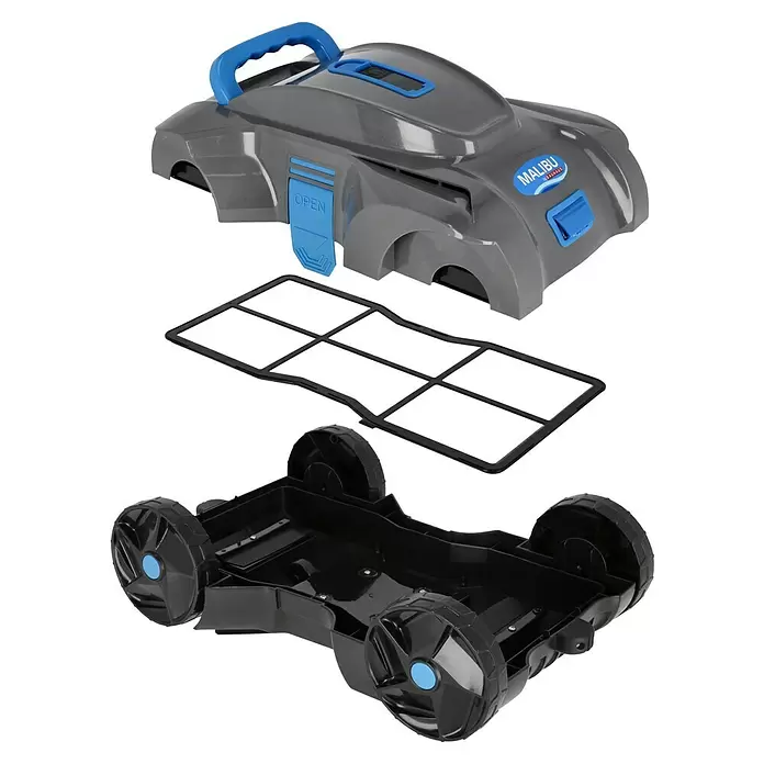 Malibu Poolroboter Akku - Akkubetrieben, Passend für: Pools mit Grundfläche bis 100 m², Filterleistung: 4.800 l/h - Demontierter grauer und blauer Roboter-Poolreiniger mit schwarzem Filter und Fahrgestell.