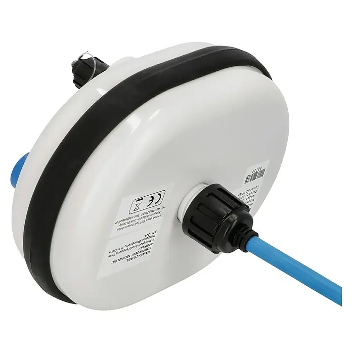 Malibu Poolroboter WB 5.0 - Akkubetrieben, Passend für: Pools bis 10 x 5 m, Filterleistung: 14 m³/h - Nahaufnahme einer weißen Poolreinigungsroboter-Einheit mit schwarzer Dichtung und blauem Kabel, Hersteller Compurobot Technology.