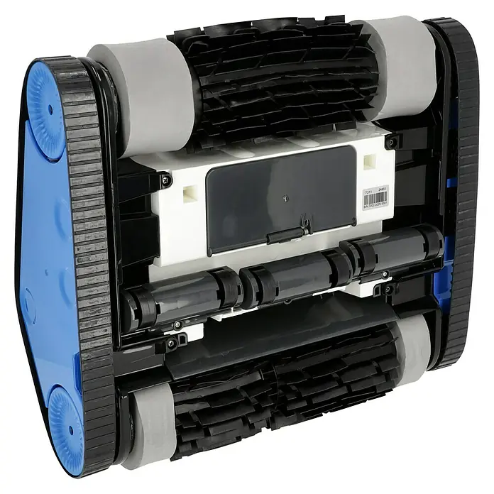 Malibu Poolroboter WB 5.0 - Akkubetrieben, Passend für: Pools bis 10 x 5 m, Filterleistung: 14 m³/h - Ansicht der Unterseite des Schwimmbadreinigungsroboters mit Bürsten und Raupenketten.