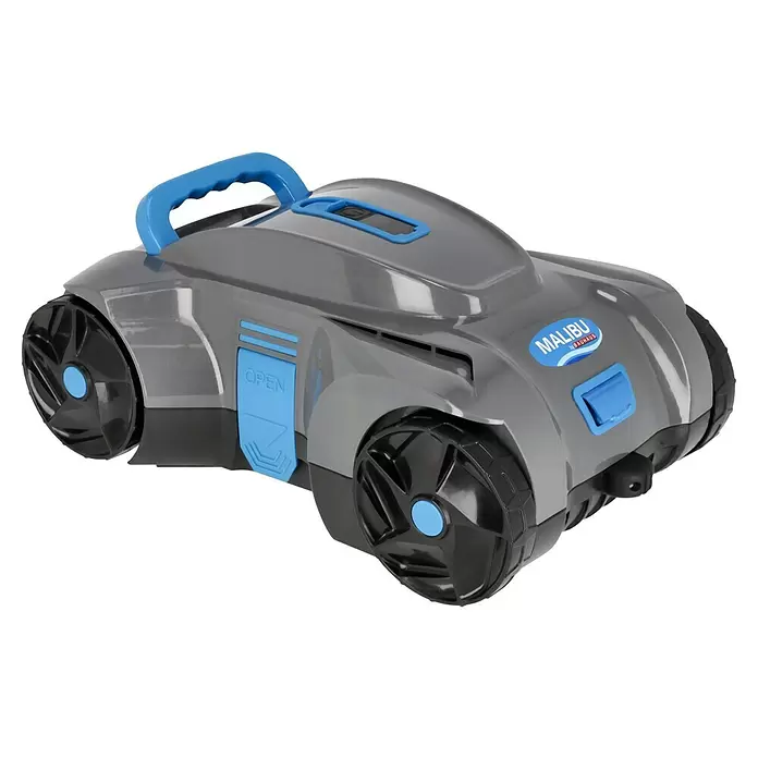 Malibu Poolroboter Akku - Akkubetrieben, Passend für: Pools mit Grundfläche bis 100 m², Filterleistung: 4.800 l/h - Grauer Roboter-Poolreiniger mit blauen Akzenten, großen Rädern, Tragegriff und "MALIBU by BAUHAUS"-Logo.