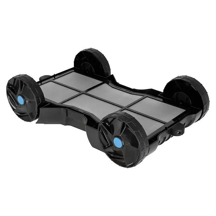 Malibu Poolroboter Akku - Akkubetrieben, Passend für: Pools mit Grundfläche bis 100 m², Filterleistung: 4.800 l/h - Schwarze, rollende Filterbasis mit blauen Akzenten.