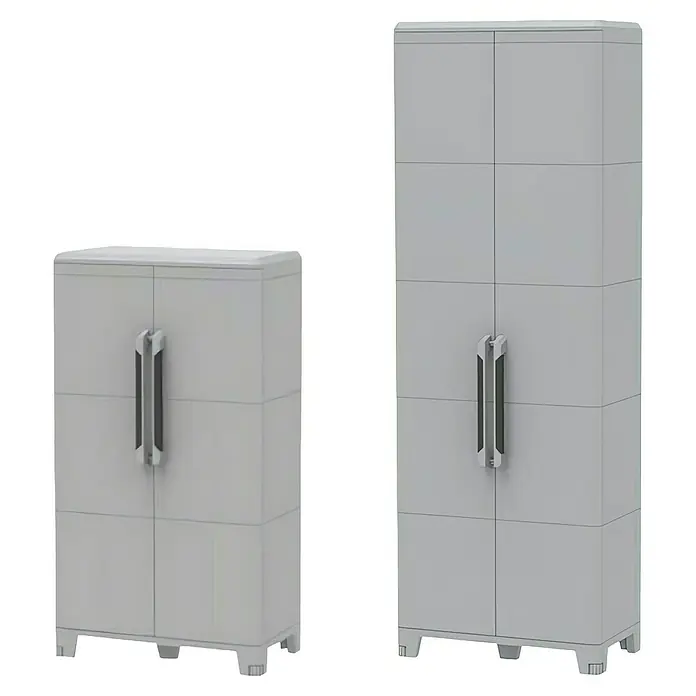 Terry Transforming Armario multiusos de plástico  Modular 5 + Modular 3 - 2 piezas - Armarios de plástico gris, uno pequeño y uno alto, con puertas dobles y manijas, aislados en negro.