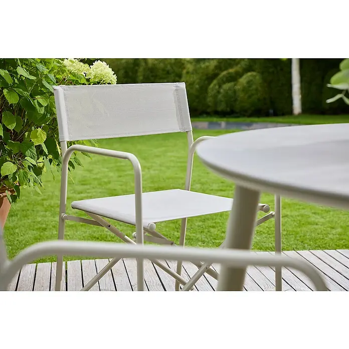 Sunfun Sarah Gartenstuhl - Aluminium, Textil, Klappbar, Light-Greige, B x T x H: 56 x 52,5 x 81 cm - Ein schlichtes, weißes Gartenset mit Stuhl und Tisch, ideal für entspannte Stunden im Freien. Das Set fügt sich harmonisch in jede Gartengestaltung ein.