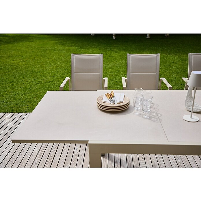 Sunfun Maja Gartentisch Stone (L x B x H: 300 x 100 x 74 cm, Tischplatte aus Stein, Ausziehbar, Light-Greige) | BAUHAUS