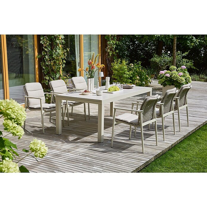 Sunfun Maja Gartentisch Stone (L x B x H: 300 x 100 x 74 cm, Tischplatte aus Stein, Ausziehbar, Light-Greige) | BAUHAUS