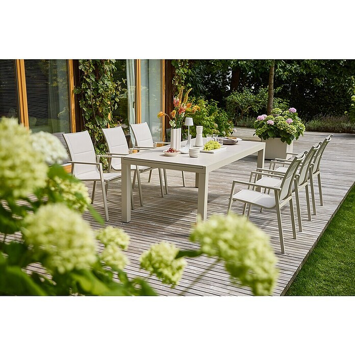 Sunfun Maja Gartentisch Stone (L x B x H: 300 x 100 x 74 cm, Tischplatte aus Stein, Ausziehbar, Light-Greige) | BAUHAUS