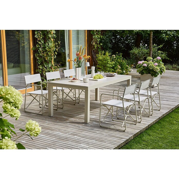 Sunfun Maja Gartentisch Stone (L x B x H: 300 x 100 x 74 cm, Tischplatte aus Stein, Ausziehbar, Light-Greige) | BAUHAUS