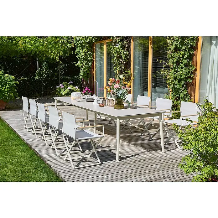 Sunfun Gartenmöbel-Set Solo - 12 -tlg., Aluminium/Sintered Stone/Textilen, Light-Greige, Ausziehbar - Eine elegante Gartentafel mit bequemen Stühlen. Perfekt für Mahlzeiten im Freien und gesellige Zusammenkünfte im Garten.