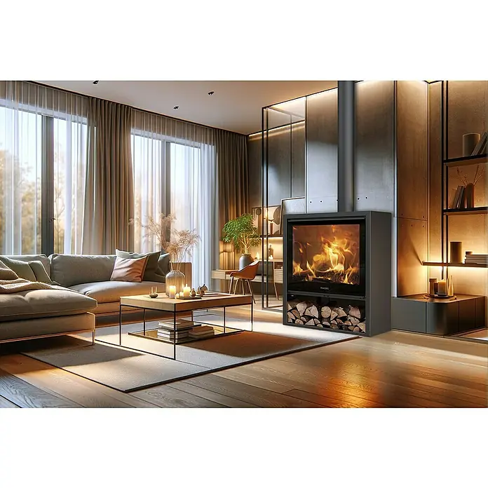 Panadero Kaminofen Grand Allegro Ecodesign - 12,6 kW, Raumheizvermögen: 380 m³, Schwarz Metallic - Gemütliches Wohnzimmer mit einem modernen Kamin, der für Wärme und Ambiente sorgt. Der Kamin ist das Highlight des Raumes.