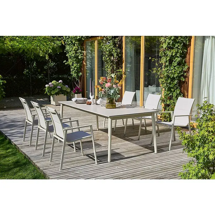 Sunfun Gartenmöbel-Set Solo/Maja - 7 -tlg., Aluminium/Sintered Stone/Textilen, Light-Greige - Stilvoller Esstisch mit passenden Stühlen für den Außenbereich, ideal für Mahlzeiten im Garten. Das Set bietet Platz für Familie und Freunde.