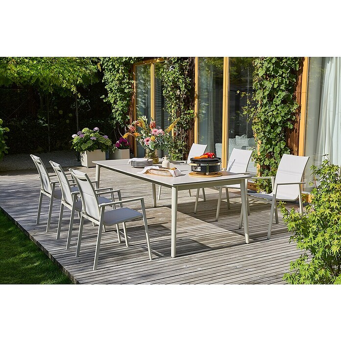Sunfun Solo Gartentisch (L x B x H: 230 x 100 x 76,5 cm, Aluminium, Sintered Stone, Light-Greige, Ausziehbar) | BAUHAUS