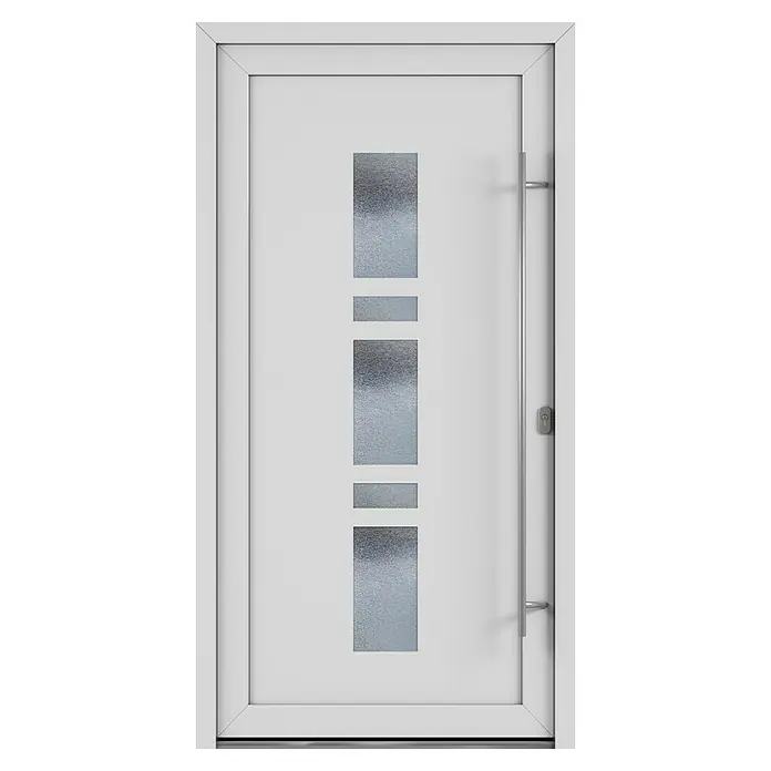 Solid Elements Haustür 1001 - 100 x 200 cm, DIN Anschlag: Rechts, Weiß - Moderne weiße Haustür mit eleganten, rechteckigen Glaseinsätzen und einem schlanken, vertikalen Türgriff aus Edelstahl.