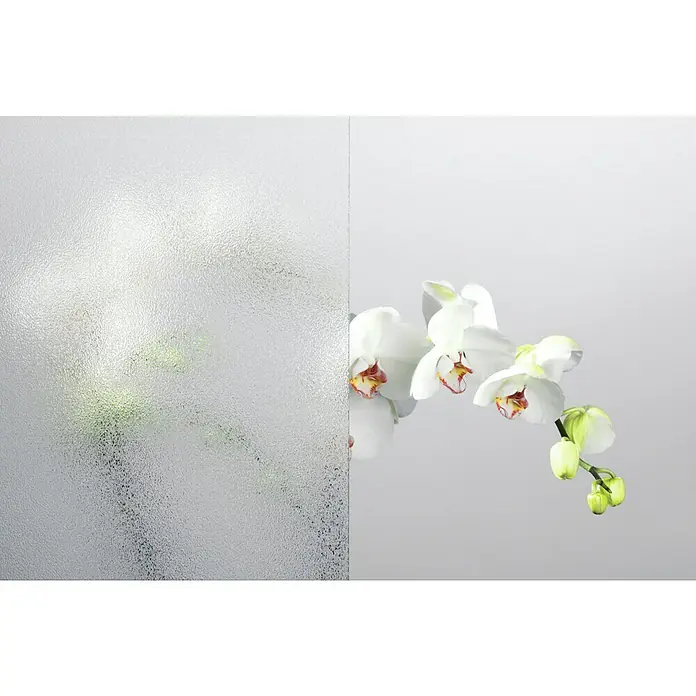 Solid Elements Haustür 1001 - 100 x 200 cm, DIN Anschlag: Rechts, Weiß - Ein elegantes Bild, das eine zarte weiße Orchidee zeigt, die durch eine Texturglasplatte betrachtet wird und eine ruhige Atmosphäre schafft.