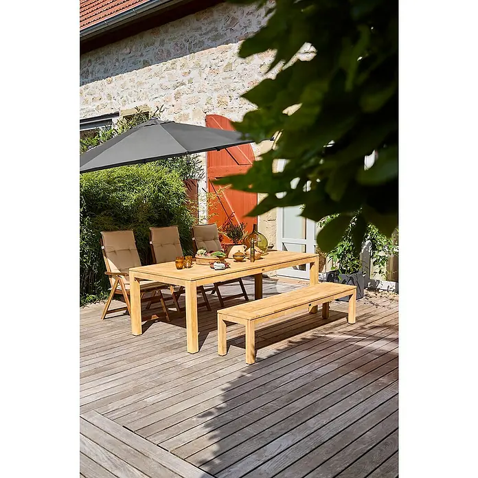 Sunfun Gartenmöbel-Set Laura/Diana/Capri - 6 -tlg., Braun/Anthrazit, Klappbar - Elegante Teakholz-Gartenmöbelgruppe mit Esstisch, Bank und Stühlen unter einem Sonnenschirm. Ideal für stilvolle Mahlzeiten im Freien.