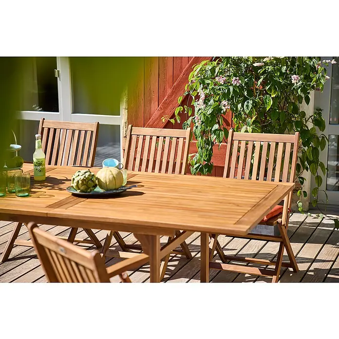 Sunfun Gartenmöbel-Set Diana - 7 -tlg., Akazie, Ausziehbar - Einladender Außenbereich mit einem stilvollen Holzesstisch und passenden Stühlen, perfekt für Mahlzeiten im Freien und gesellige Stunden.
