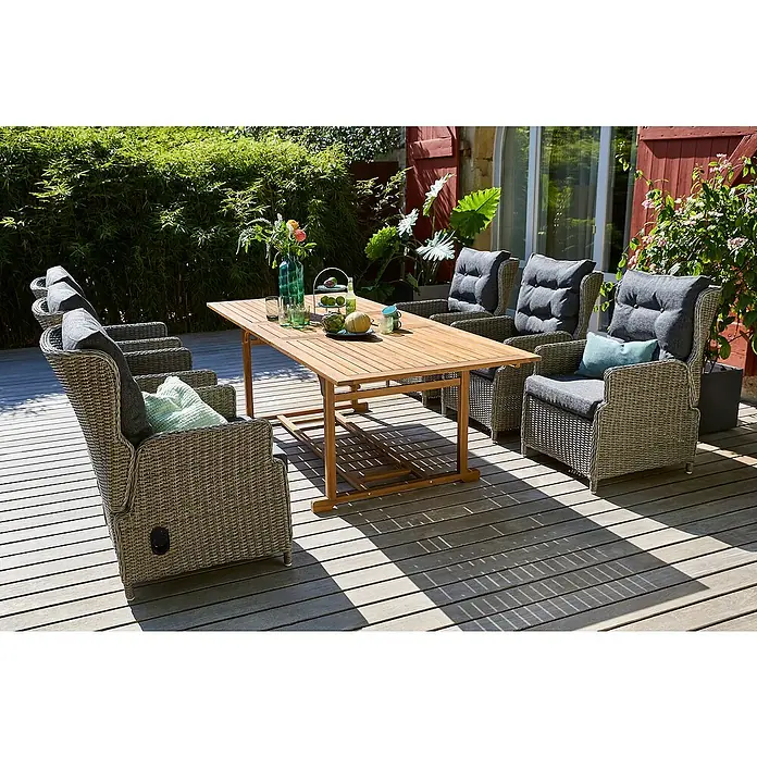 Sunfun Gartenmöbel-Set Diana/Pauline - 7 -tlg., Grau/Akazie, Ausziehbar, Tisch (L x B x H): 180-230 x 100 x 75 cm, Stuhl (T x B x H): 81 x 64 x 101 cm - Großes hölzernes Gartentischset mit sechs Rattansesseln und grauen Polstern, ideal für entspannte Mahlzeiten im Freien auf der Terrasse.