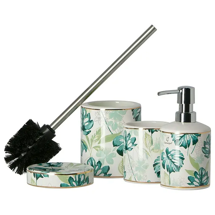 Camargue Seifenschale Jamal - Keramik, Grün/Gold - Bad-Accessoire-Set mit Seifenspender, Becher, Seifenschale und Toilettenbürste, verziert mit tropischen Blättern für ein stilvolles Badezimmer.