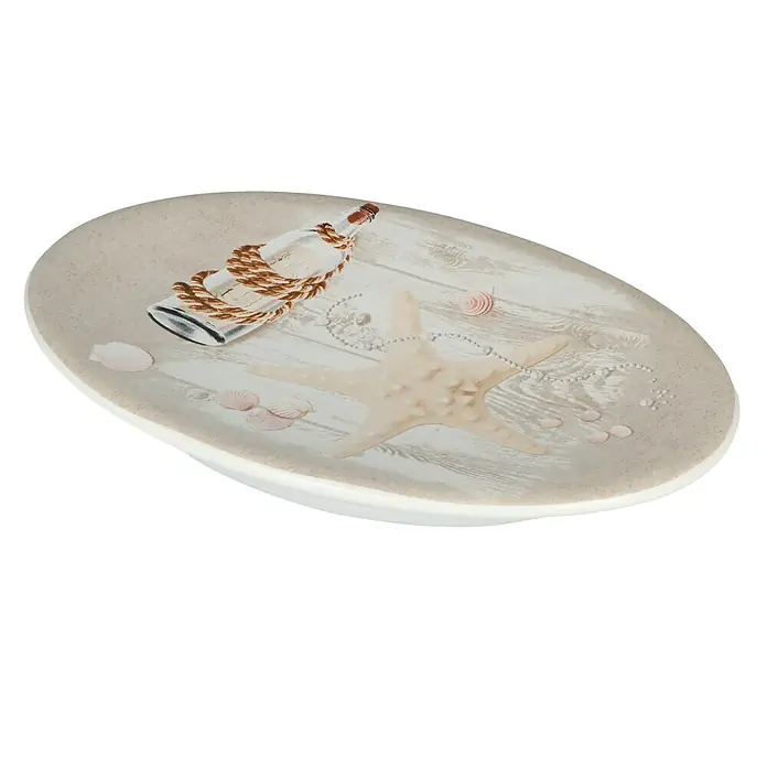 Venus Sealife Seifenschale - Keramik, Beige/Weiß - Ovale Seifenablage mit einem dekorativen Strand-Motiv mit einer Flasche, einem Seestern und Muscheln, perfekt für Badezimmer.
