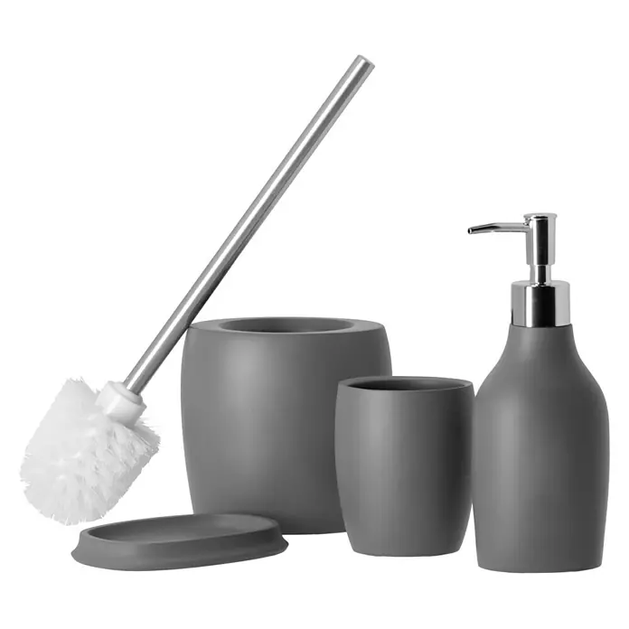 Venus Flakoni WC-Bürstengarnitur - Grau, Polyresin - Graues Badezimmer-Set mit Seifenspender, Becher, Toilettenbürste und Seifenablage für ein stilvolles Bad.