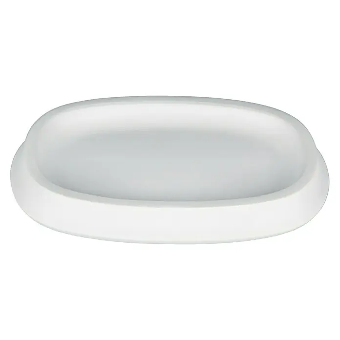 Venus Flakoni Seifenschale - Weiß, Polyresin - Nahaufnahme einer weißen, ovalen Seifenschale auf schwarzem Hintergrund, die ein minimalistisches und modernes Design aufweist.