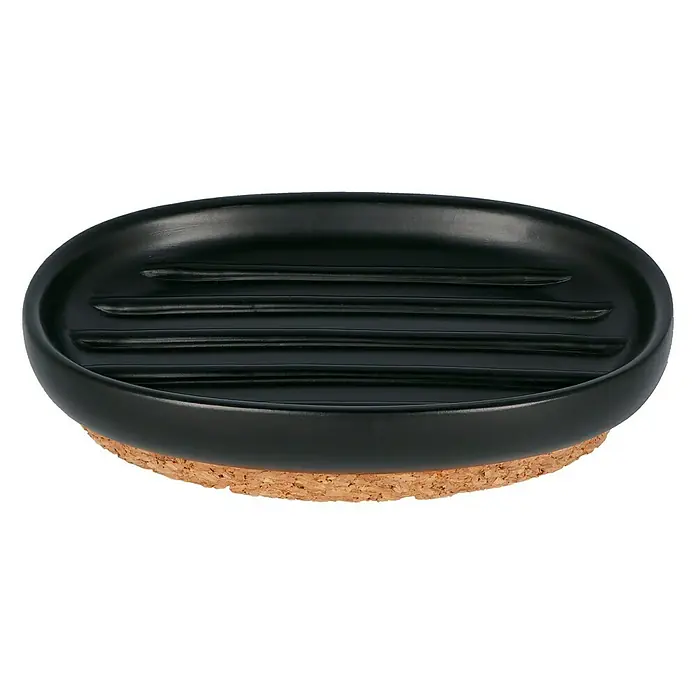 Venus Ivo Seifenschale - Polyresin, Schwarz - Schwarze Seifenschale mit Korkfuß für Badezimmer oder Küche zur Aufbewahrung von Seife und zur Vermeidung von Seifenablagerungen.