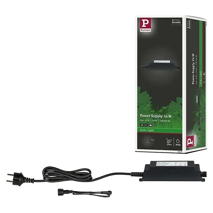 Paulmann Link & Light Trafo Power Supply - 24 VA, Schwarz - Paulmann Netzteil 24W: Zu sehen sind Netzteil, Kabel und Verpackung. Das Netzteil ist für den Betrieb von 24W Leuchten geeignet.