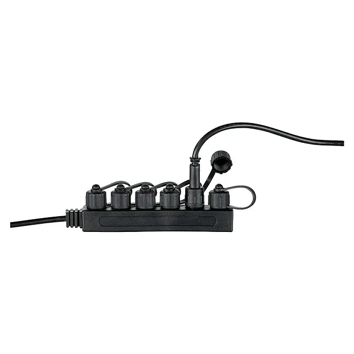 Paulmann Link & Light Verteiler - 24 W, 12 V, Schwarz, Kunststoff - Eine schwarze, wasserdichte Verteilerdose mit fünf Anschlüssen und Schutzkappen für den Außenbereich.