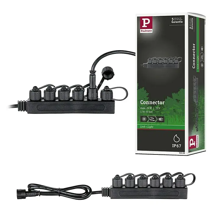 Paulmann Link & Light Verteiler - 24 W, 12 V, Schwarz, Kunststoff - Das Paulmann Link+Light System: Schwarzer 6-fach Verbinder, wetterfest (IP67), max. 24W, 12V, ideal für den Garten.