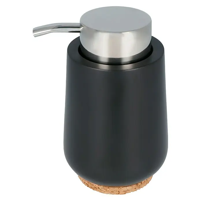 Venus Ivo Seifenspender - Polyresin, Schwarz - Stilvoller Seifenspender in Schwarz mit silbernem Pumpkopf und Korkfuß für Badezimmer oder Küche.