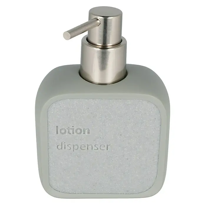 Venus Aiden Seifenspender - Polyresin, Grau - Grauer Lotionspender mit silbernem Pumpkopf und Aufschrift „Lotion Dispenser“ für stilvolle Badezimmer.