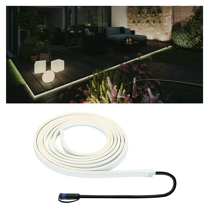 Paulmann Plug & Shine LED-Band Smooth Stripe Outdoor - Länge: 5 m, Lichtfarbe: Warmweiß, 870 lm, 24 V, 26 W - Außenaufnahme eines LED-Streifens. LED-Streifen zur Gartenbeleuchtung, flexibel und einfach zu verlegen für stimmungsvolle Akzente.