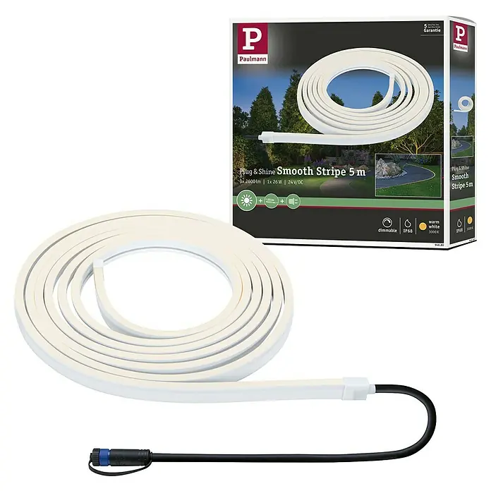 Paulmann Plug & Shine LED-Band Smooth Stripe Outdoor - Länge: 5 m, Lichtfarbe: Warmweiß, 870 lm, 24 V, 26 W - Abgebildet ist eine Paulmann Plug & Shine Smooth Stripe 5 m LED-Leuchte, ideal für den Außenbereich, zusammen mit ihrer Verpackung.