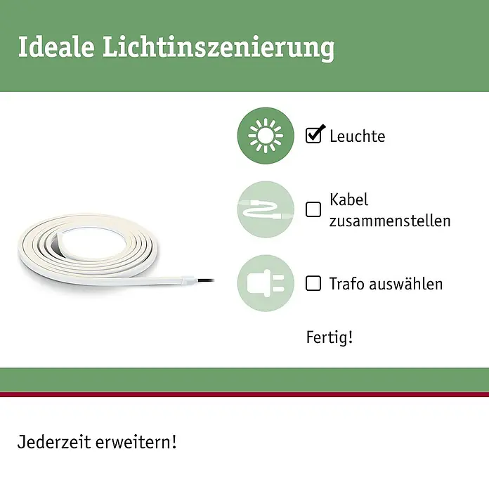 Paulmann Plug & Shine LED-Band Smooth Stripe Outdoor - Länge: 5 m, Lichtfarbe: Warmweiß, 870 lm, 24 V, 26 W - Darstellung eines LED-Streifens mit Installationsschritten. Leuchte auswählen, Kabel zusammenstellen, Trafo auswählen und fertig!.