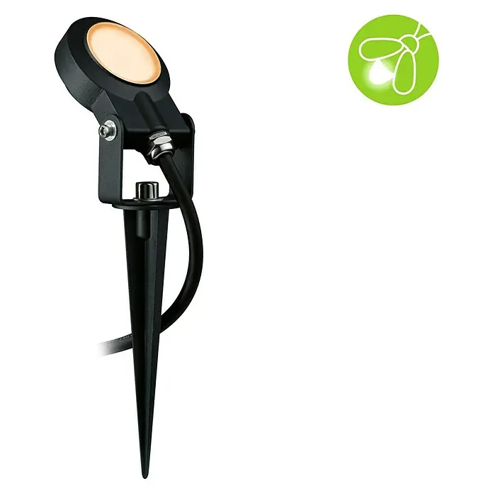 Paulmann Plug & Shine LED-Gartenspot Sting - Ø x H: 5,2 x 29 cm, 6,3 W, Warmweiß - Nahaufnahme einer schwarzen LED-Gartenleuchte mit Erdspieß und warmweißem Licht. Im Hintergrund befindet sich ein Symbol einer Glühwürmchenlampe.