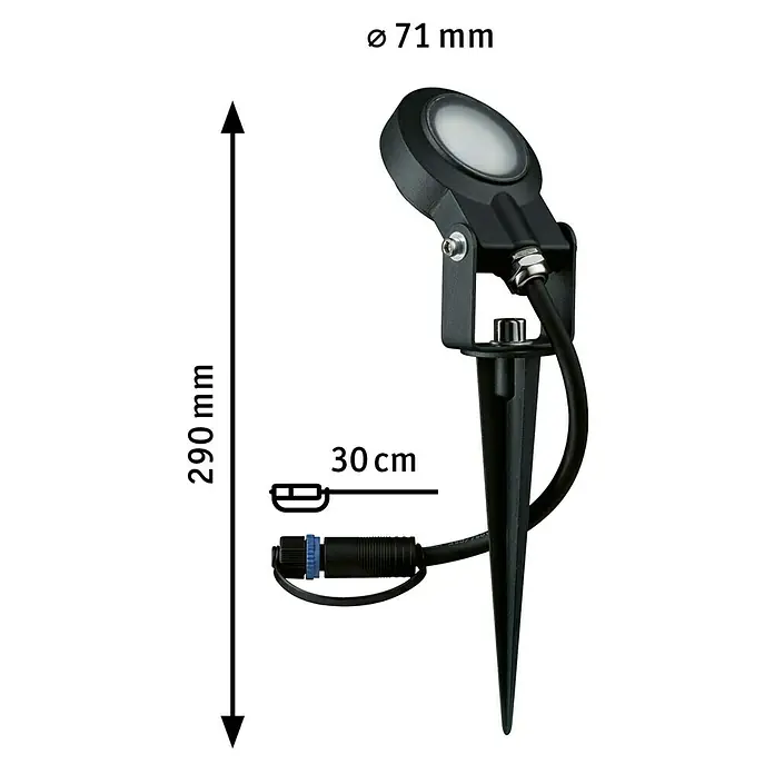 Paulmann Plug & Shine LED-Gartenspot Sting - Ø x H: 5,2 x 29 cm, 6,3 W, Warmweiß - Abbildung einer schwarzen Gartenleuchte mit Erdspieß und den Maßangaben Durchmesser 71 mm, Höhe 290 mm und Kabellänge 30 cm.