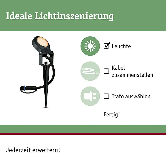 Paulmann Plug & Shine LED-Gartenspot Sting - Ø x H: 5,2 x 29 cm, 6,3 W, Warmweiß - Illustration einer Gartenleuchte mit Erdspieß und Installationshinweisen. Geeignet für die Akzentbeleuchtung im Außenbereich.