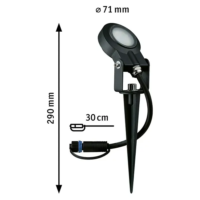 Paulmann Plug & Shine Basis-Set LED-Gartenstrahler Sting insektenfreundlich - 6,3 W, Erdspieß, IP67, 2.200 K - Abbildung einer schwarzen Gartenleuchte mit Erdspieß und den Maßen 71mm Durchmesser und 290mm Höhe. Kabellänge ist 30 cm.
