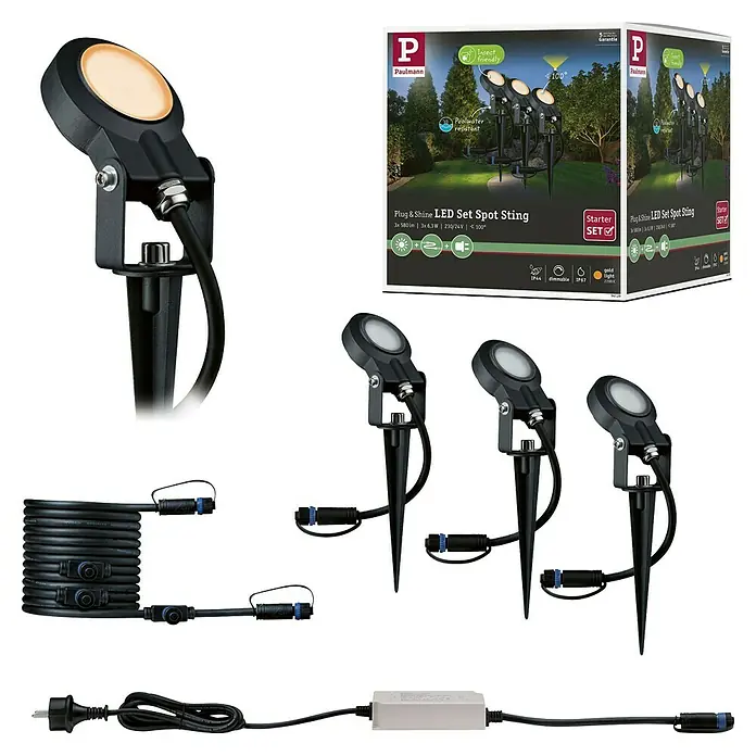 Paulmann Plug & Shine Basis-Set LED-Gartenstrahler Sting insektenfreundlich - 6,3 W, Erdspieß, IP67, 2.200 K - Abbildung des Paulmann Plug & Shine LED Spot Sting Starter Sets für den Garten.