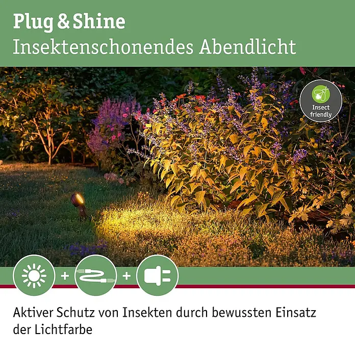 Paulmann Plug & Shine LED-Gartenspot Sting - Ø x H: 5,2 x 29 cm, 6,3 W, Warmweiß - Gartenbeleuchtung Plug & Shine. Insektenschonende Abendbeleuchtung für den Garten mit warmem Licht und insektenfreundlichem Design.
