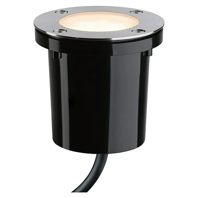 Paulmann Plug & Shine Bodeneinbauleuchte - 4,6 W, Ø x H: 9,8 x 9,5 cm - Nahaufnahme einer Bodeneinbauleuchte mit einem runden Edelstahldesign, das modernes Aussehen mit praktischer Außenbeleuchtung verbindet.